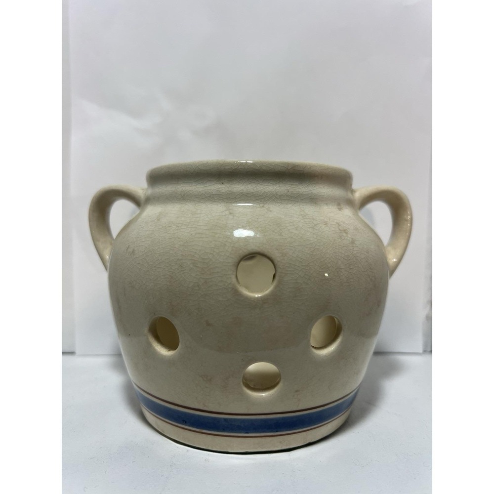 Vintage Lillian Vernon Garlic Keeper Crock Beige with Blue and Burgundy Stripes